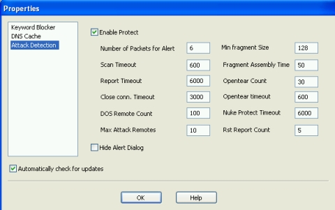Параметры диагностики сетевых атак