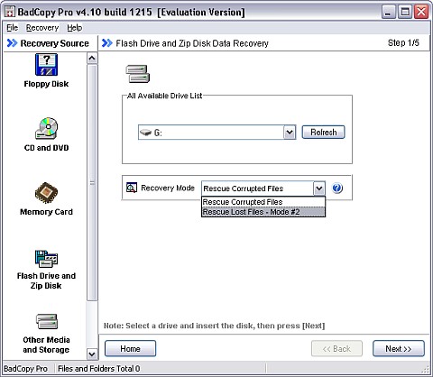 Настройки восстановления флеш-диска