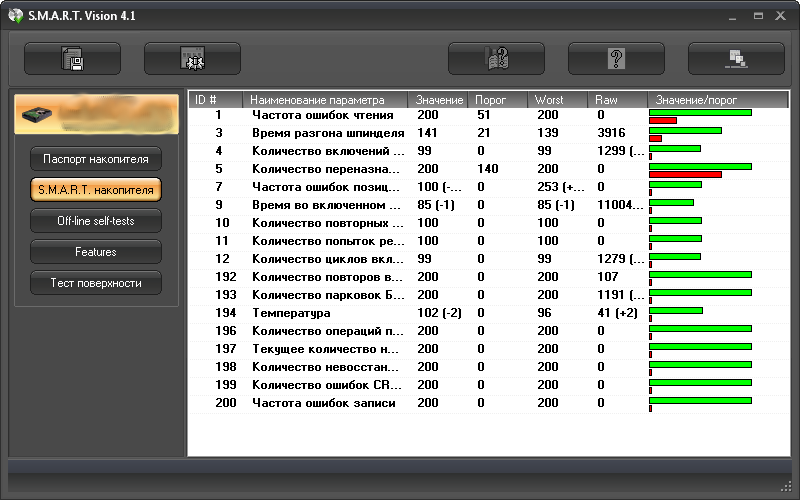 Программа s. Smart Vision HDD. Частота ошибок чтения. S.M.A.R.T. Vision. Частота ошибок чтения 200.